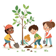 Group of Children Planting Trees – Environmental Conservation, Sustainability, Growth, Future Generations, Eco-Friendly Education, Green Earth, Community Volunteering, Nature Care, Climate Awareness