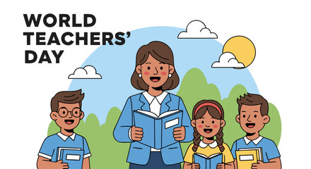 Teacher with Students Reading Books, Celebrating World Teachers' Day, in Educational Blogs, School Websites, Greetings Cards, Awareness Campaigns