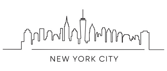 Fototapeta premium One single line drawing New York city skyline United States. Historical town landscape in world. Best holiday destination poster. Vector black silhouette. with white background
