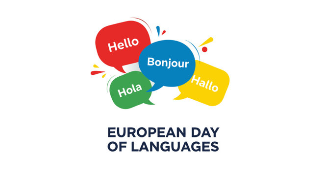 European Day of Languages with Hello, Bonjour, Hola, and Hallo Speech Bubbles for Language Learning Blogs, Education Websites, International Communication, and Cultural Awareness