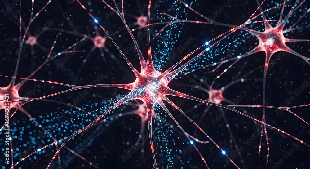 Poster neuron network and brain activity. futuristic glowing red and blue neural connections. artificial in