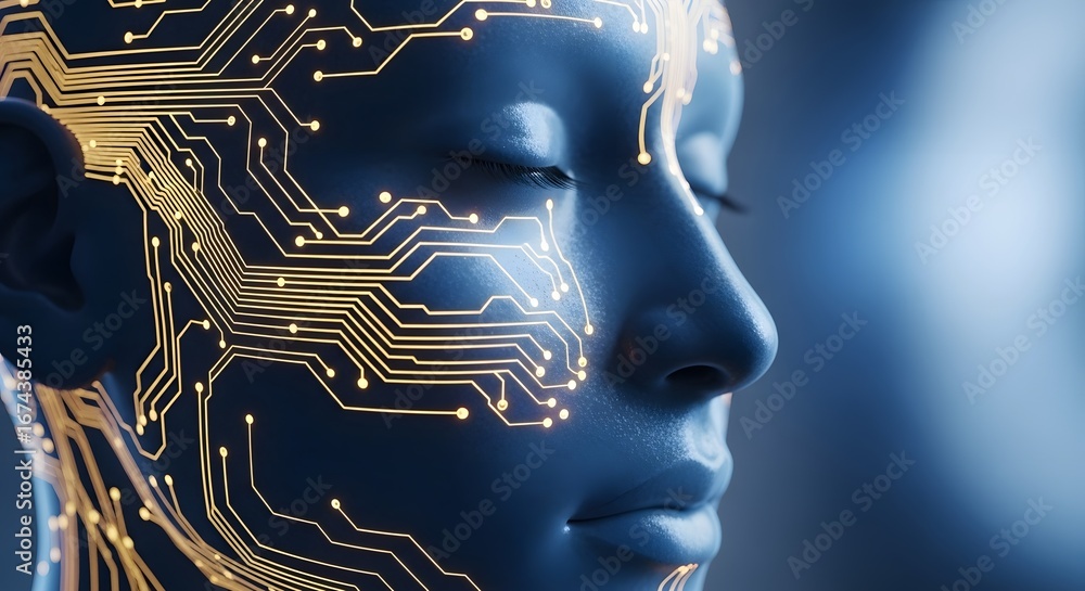 Poster artificial intelligence and human face. futuristic circuit pattern on digital human skin. ai technol