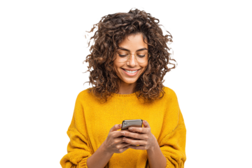 Young woman uses phone. Smiling woman wearing yellow sweater checks her phone. Lifestyle, social media, ads.