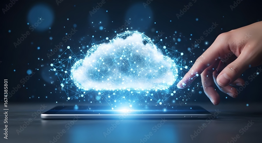 Poster cloud computing and digital storage technology. futuristic glowing cloud hologram on tablet. hand to