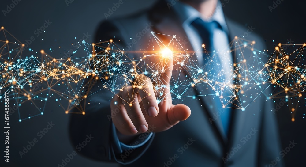 Poster businessman interacting with futuristic digital network. artificial intelligence and innovation tech