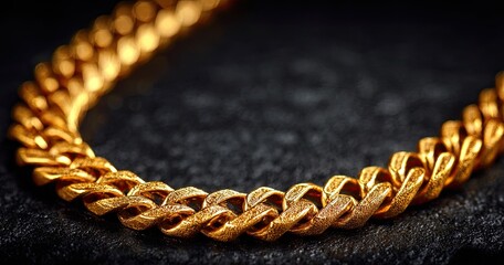 Close-up of a gold chain necklace on dark stone