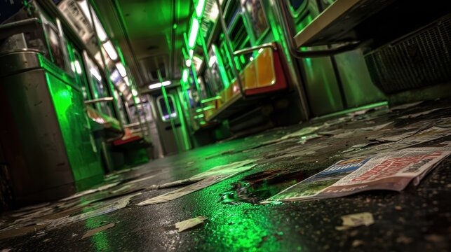 Abandoned Subway Car with Neon Green Lighting
