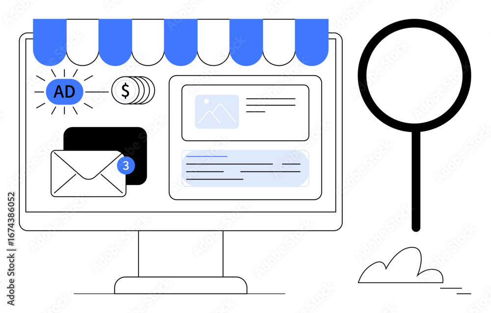 Aufkleber monitor showcasing storefront awning and e-commerce interface with ad, email notification, and magni