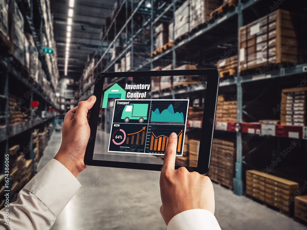 Aufkleber warehouse management innovative software in computer for real time monitoring of goods package deliv