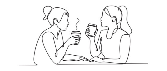 Single continuous line drawing of two young female worker have a casual chat over drink coffee during office break. Vector black silhouette. with white background