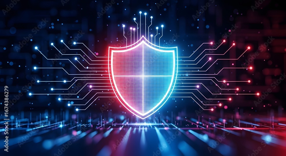 Poster red and blue security shield with network connections. cybersecurity threat and defense concept. dig