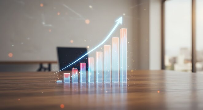 Futuristic business concept showing a glowing holographic growth chart on a conference room table symbolizing success and financial progress