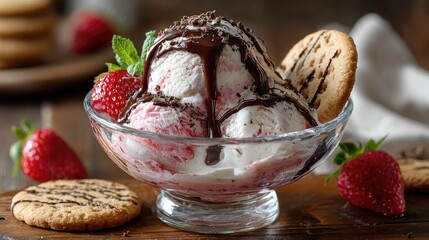 Creamy strawberry ice cream sundae in a glass bowl, topped with chocolate sauce and sprinkles
