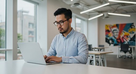 Obraz premium Dedicated Asian professional working diligently on a laptop computer at a desk, showcasing concentration in a modern business environment