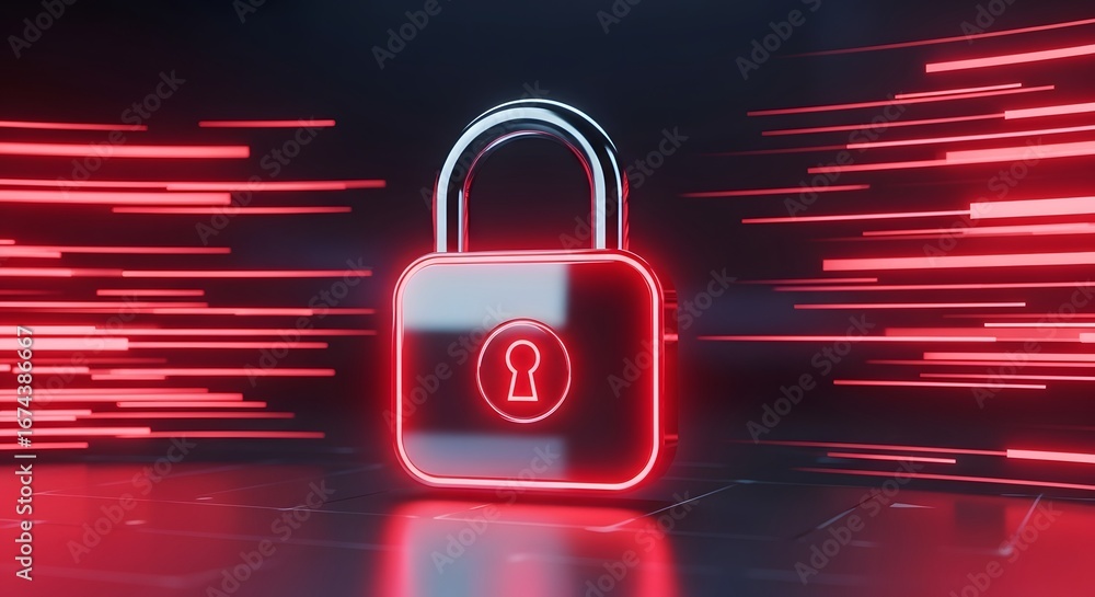 Poster a glowing red padlock symbolizing a critical security threat. cybersecurity alert and data breach co