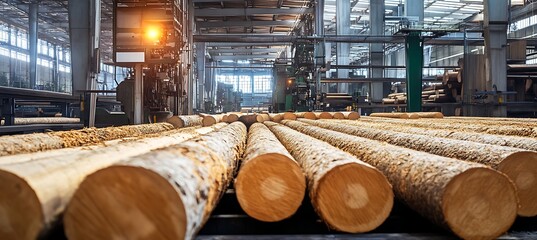 Wood logs in a sawmill ready for processing and cutting for lumber production and industry usage