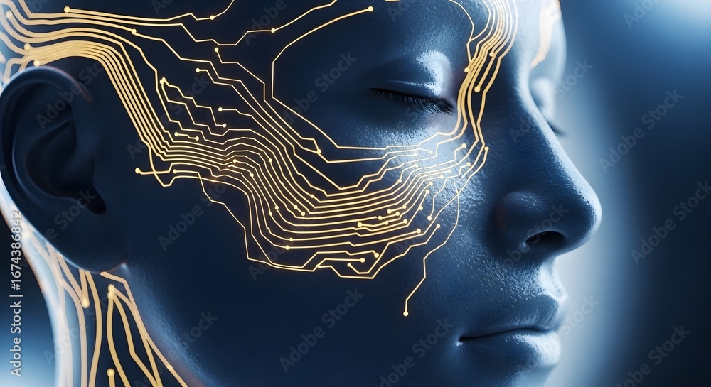 Poster an advanced humanoid robot's face with integrated golden circuitry. artificial intelligence and cybo