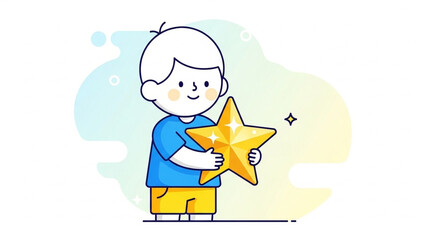 Smiling Boy Holding a Golden Star Cartoon Style Happy Expression Cute Illustration.