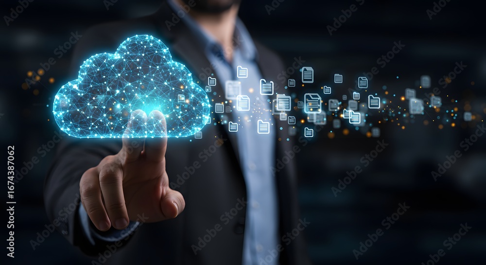 Poster businessman touching a digital cloud to access company files. cloud computing and document managemen