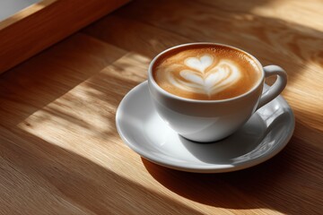 Obraz premium Cappuccino with heart latte art on sunlit wooden table