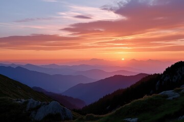 Obraz premium Serene mountain landscape at sunset with vibrant colors and layered hills