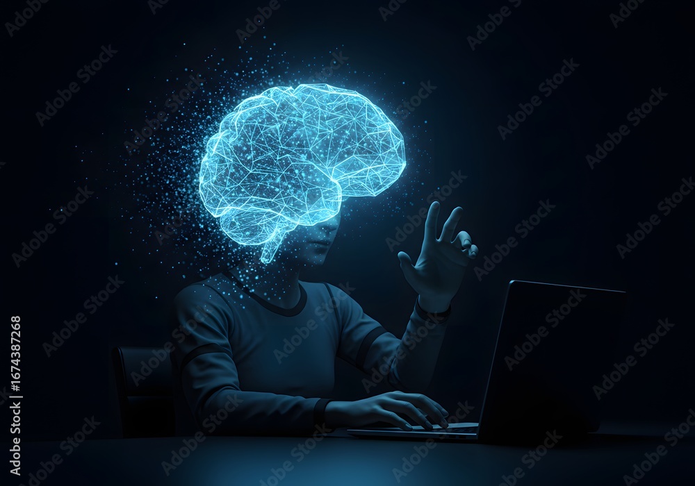 Poster a person with a glowing digital brain working on a laptop. artificial intelligence and creative thin