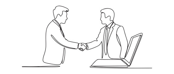 Continuous line drawing of business men shaking hand to deal a project. Hand come out from laptop screen. Vector black silhouette. with white background