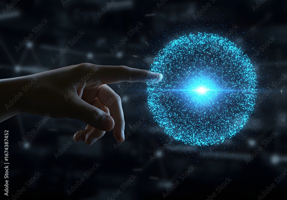 Poster hand touching a glowing sphere of digital particles. future technology and innovation concept. a per