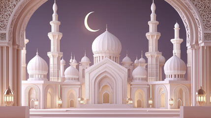 Fototapeta premium 3D Modern Islamic Ramadan Background with Lantern, Moon and Mosque Portal – Luxury Ramadan Kareem Design