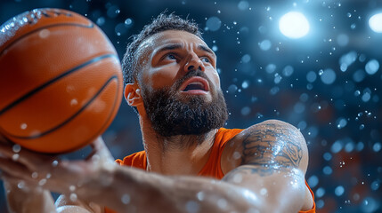 Intense male basketball player holding the ball, looking up with focus, preparing to make a critical shot in a competitive game.