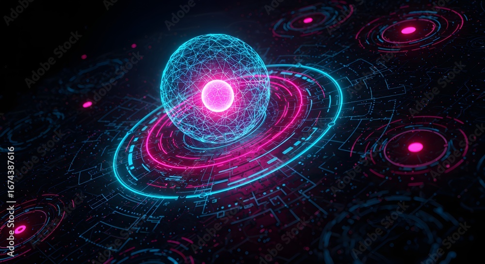 Poster a futuristic digital core with glowing rings on a circuit board. quantum computing and artificial in
