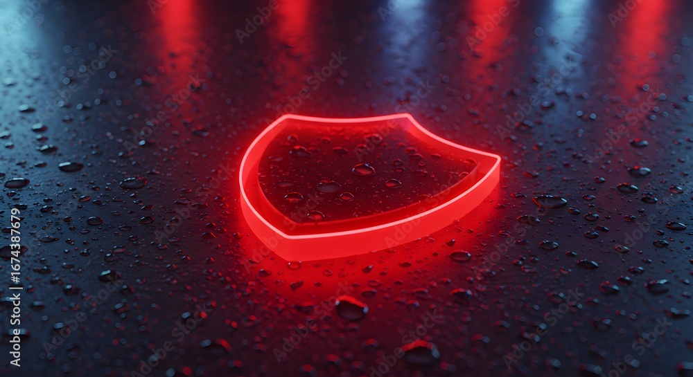 Poster a glowing red security shield icon on a dark, wet surface. cybersecurity threat and system vulnerabi