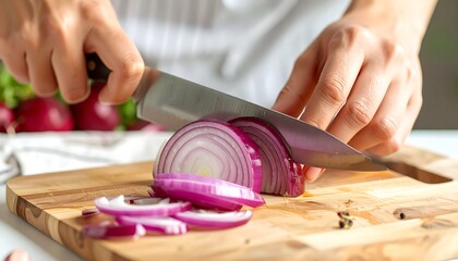 Hands slicing a red onion on a wooden cutting board