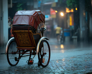 A traditional vietnamese cyclopousse bicycle rickshaw stands parked on a wet cobblestone street during a rainy evening with blurred city lights in the background