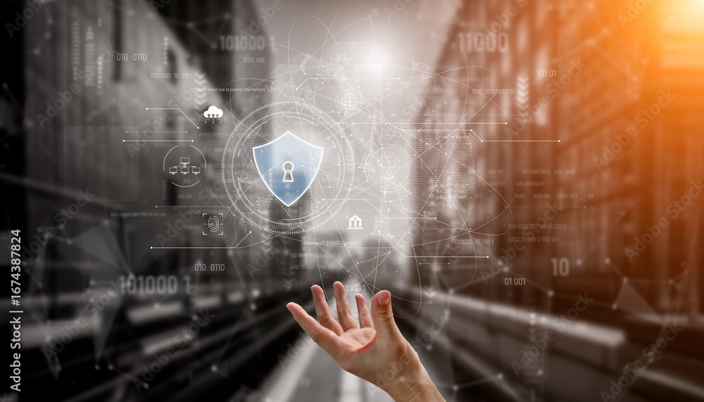 Poster cyber security interface with biometric and ai-powered protection system. cyber security secures acc