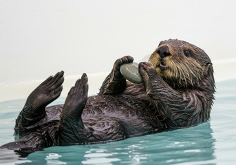 Otter Lying on Back Holding Rock in Water in Bright Indoor Pool