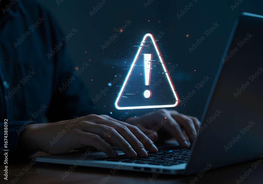 Poster user typing on a laptop with a holographic system error alert icon. computer maintenance and cyberse
