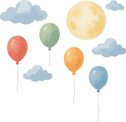 Watercolor moon,balloons, clouds