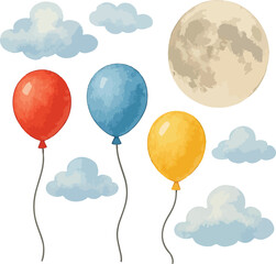 Watercolor moon,balloons, clouds