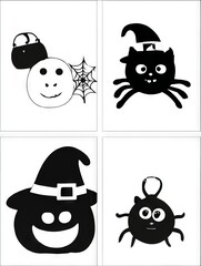Cute vector black and white Halloween symbols: spiders and smiling pumpkins.