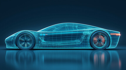 This glowing blue wireframe vehicle model represents the future of digital automotive design, showcasing advanced engineering and innovative development.