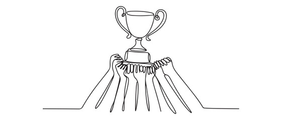 Continuous one line drawing golden trophy held by many hands. Symbol of winning championships, matches and sports competitions. Vector black silhouette. with white background