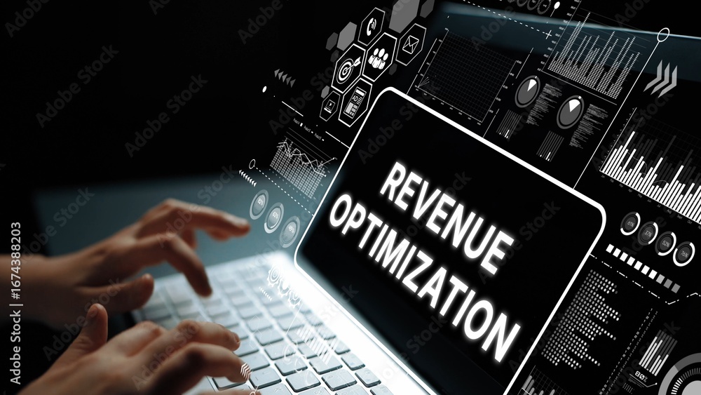 Poster futuristic laptop interface for revenue optimization with data visualizations and analytics graphics