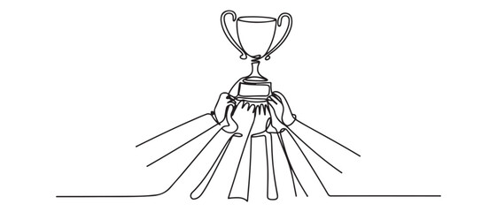 Continuous one line drawing golden trophy held by many hands. Symbol of winning championships, matches and sports competitions. Vector black silhouette. with white background