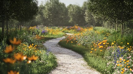 Discover serene nature path with vibrant wildflowers and lush greenery in tranquil landscape scene