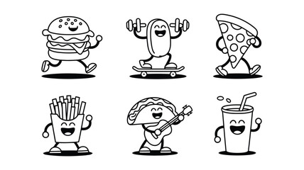 Vector art of collection of six cartoon fast food characters, including a burger, hot dog, pizza, french fries, taco, and soda, engaging in various activities