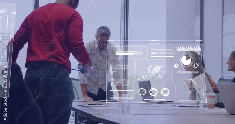 Poster team starting project at table with man placing folder while data overlay showing business charts