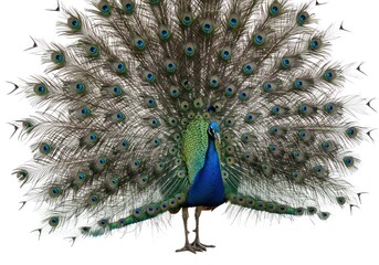 Peacock with Fully Fanned Colorful Feathers Displaying Vibrant Blue Green Plumage