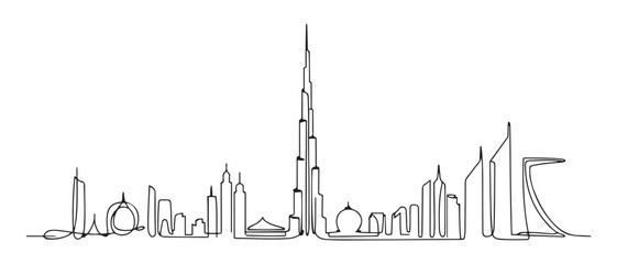 One continuous line drawing of Dubai city skyline United Arab Emirates. Beautiful city landmark. World landscape tourism and travel. Vector black silhouette. with white background © Mofazzelh