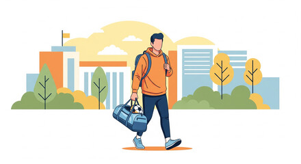 Young Student Athlete Walking with Sports Gear and Backpack

